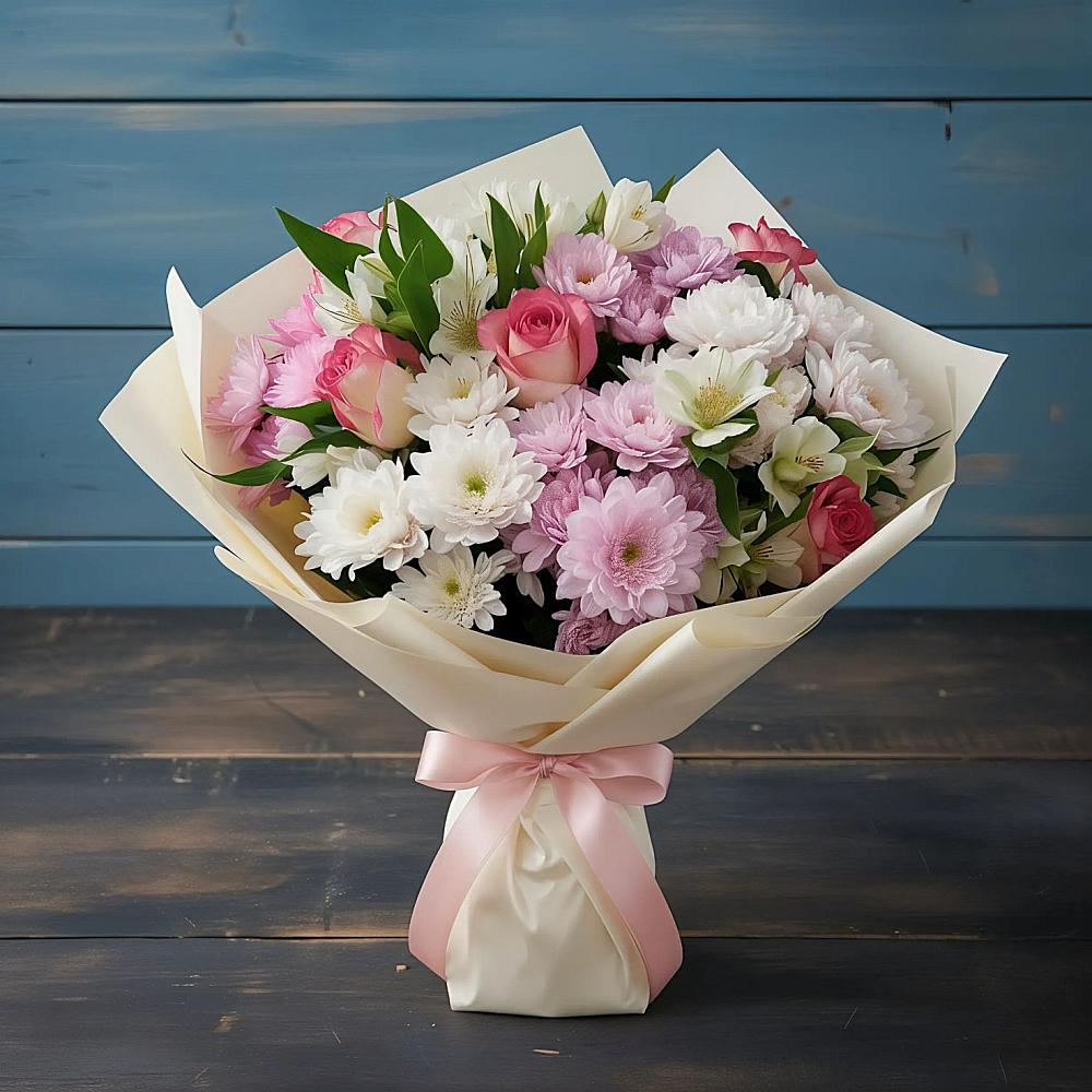 Букет цветов из: Хризантемы, Альстромерии и Розы в Химках